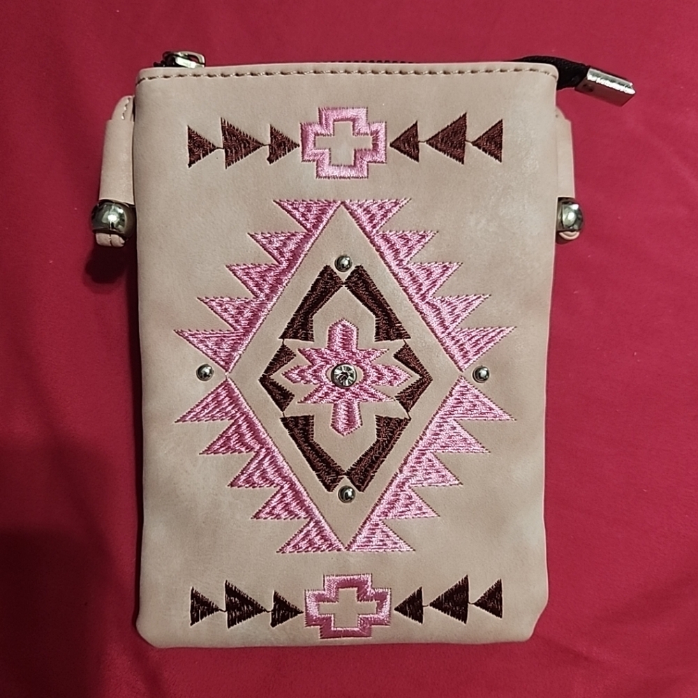 American Bling Embroidered Pink and Brown Crossbody Bag